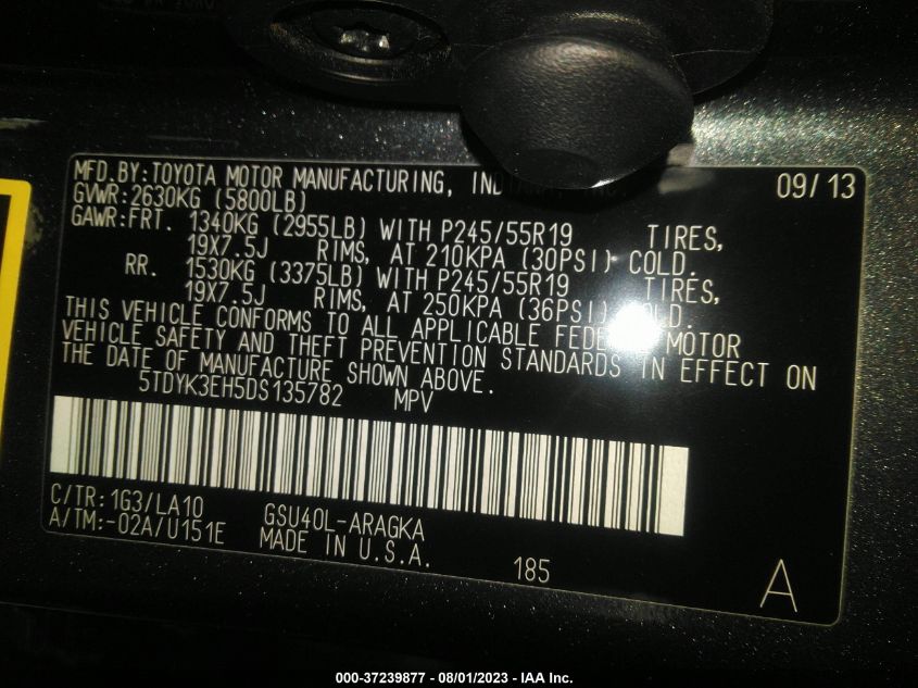 2013 TOYOTA HIGHLANDER LIMITED - 5TDYK3EH5DS135782