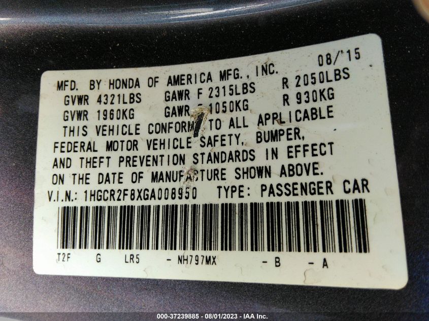 2016 HONDA ACCORD SEDAN EX-L - 1HGCR2F8XGA008950