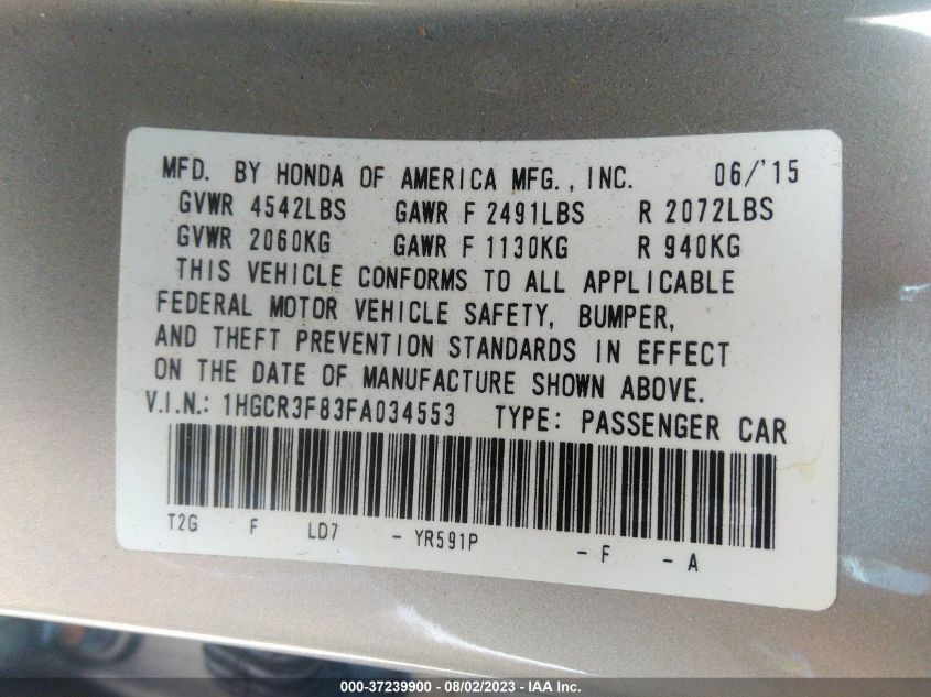 2015 HONDA ACCORD SEDAN EX-L - 1HGCR3F83FA034553