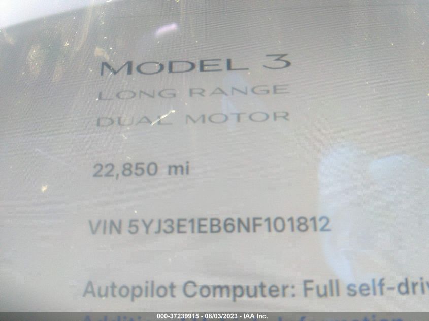 2022 TESLA MODEL 3 LONG RANGE - 5YJ3E1EB6NF101812