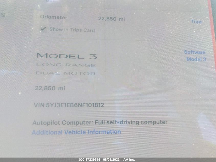 2022 TESLA MODEL 3 LONG RANGE - 5YJ3E1EB6NF101812