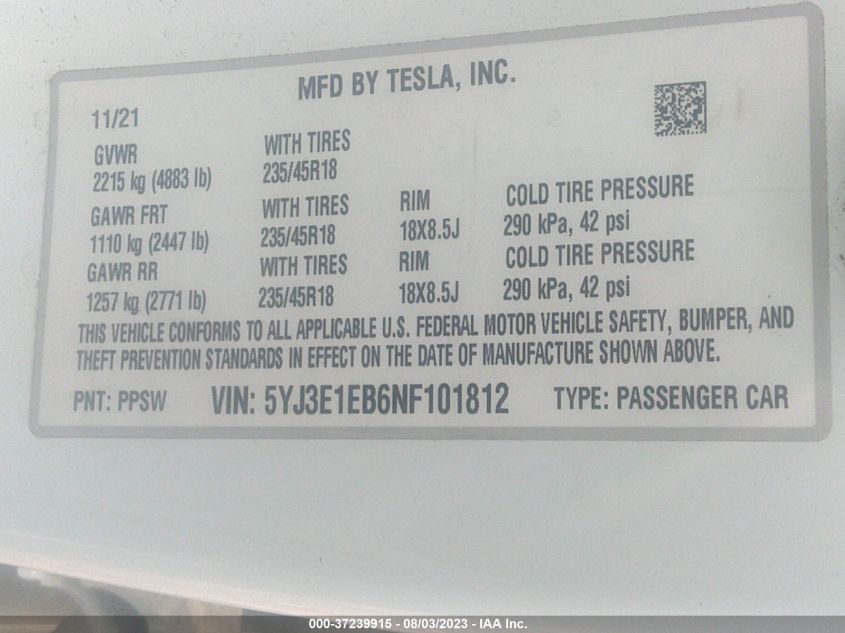 2022 TESLA MODEL 3 LONG RANGE - 5YJ3E1EB6NF101812