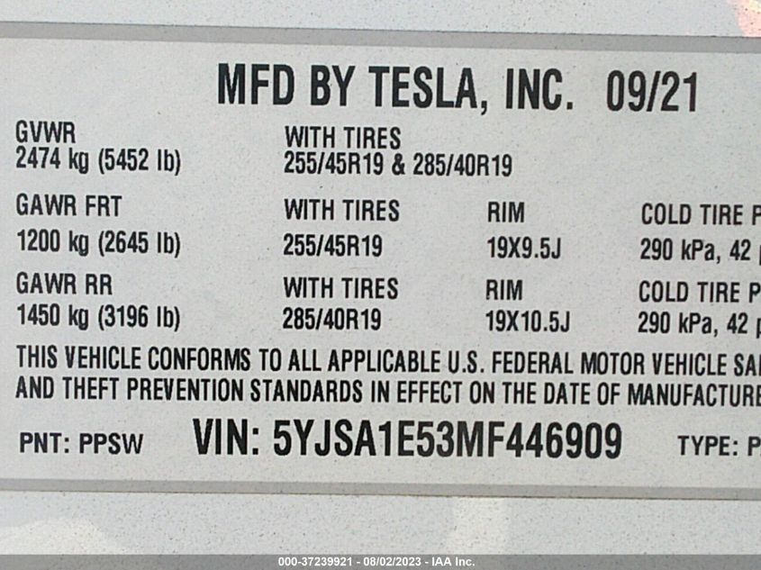 2021 TESLA MODEL S LONG RANGE - 5YJSA1E53MF446909