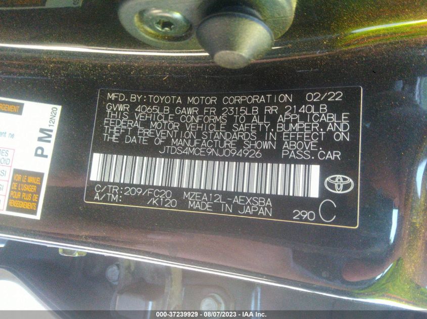 2022 TOYOTA COROLLA SE/NIGHT SHADE - JTDS4MCE9NJ094926