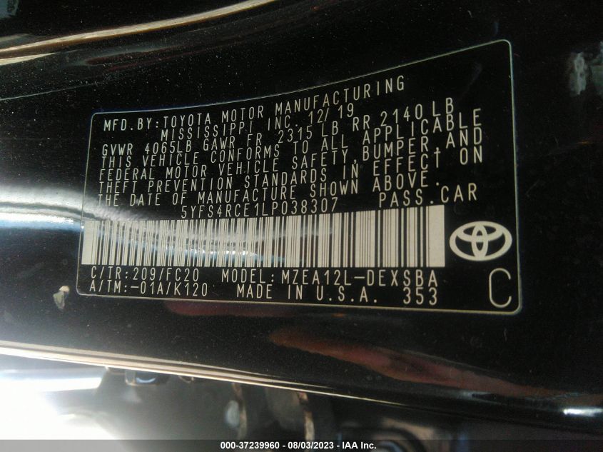 2020 TOYOTA COROLLA SE/NIGHTSHADE - 5YFS4RCE1LP038307