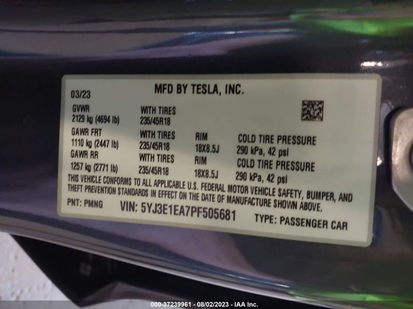 2023 TESLA MODEL 3 - 5YJ3E1EA7PF505681