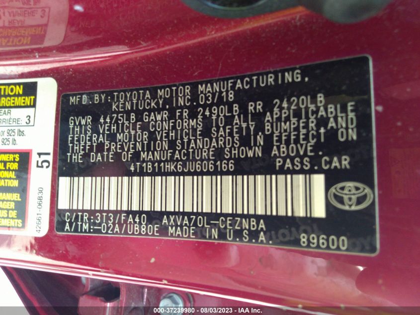 2018 TOYOTA CAMRY LE - 4T1B11HK6JU606166