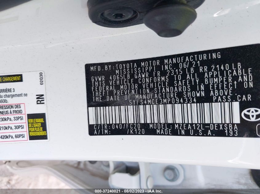 2021 TOYOTA COROLLA SE/NIGHTSHADE/APEX SE - 5YFS4MCE3MP094334