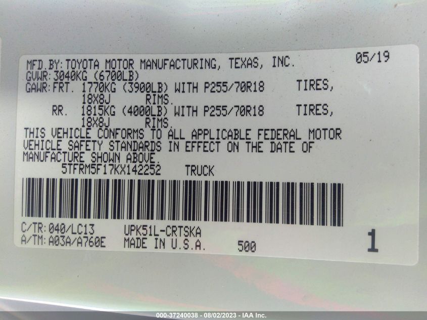 2019 TOYOTA TUNDRA 2WD SR/SR5 - 5TFRM5F17KX142252