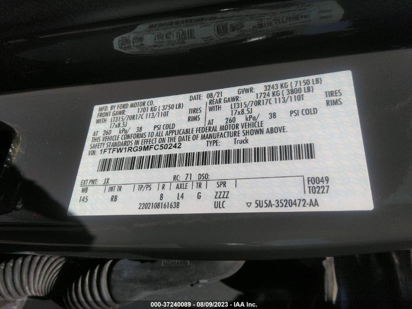 2021 FORD F-150 RAPTOR - 1FTFW1RG9MFC50242