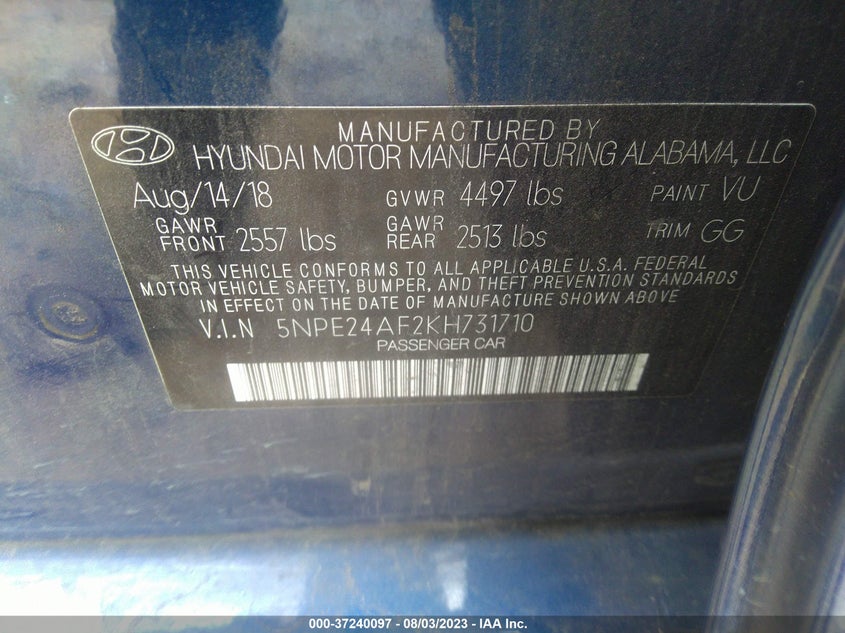 VIN 5NPE24AF2KH731710 2019 HYUNDAI SONATA SE