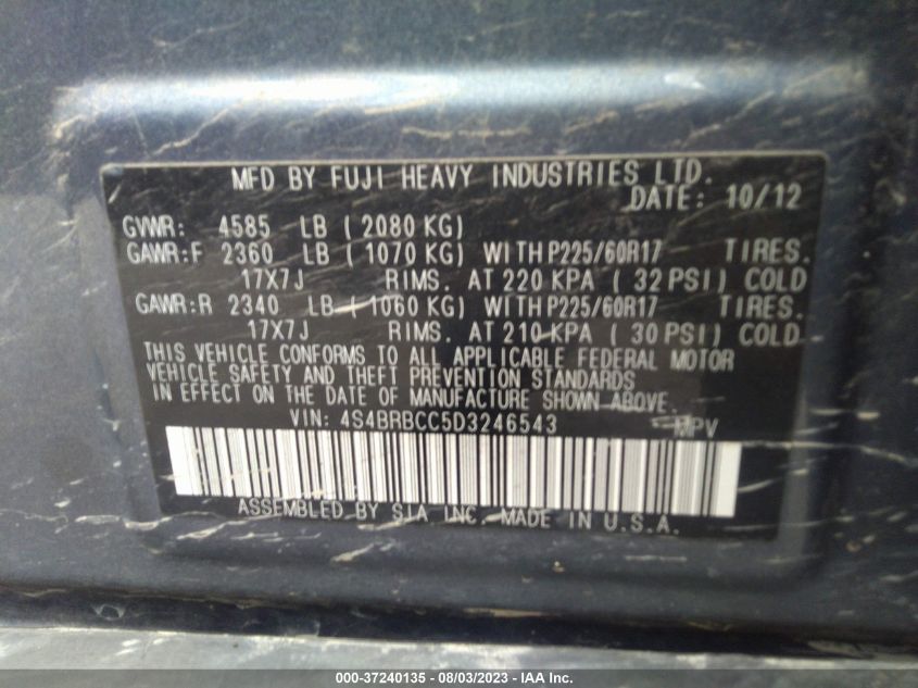 2013 SUBARU OUTBACK 2.5I PREMIUM - 4S4BRBCC5D3246543