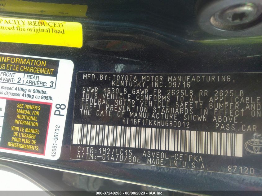 2017 TOYOTA CAMRY XLE/SE/LE/XSE - 4T1BF1FKXHU680012