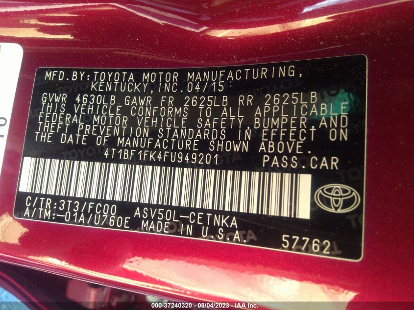 2015 TOYOTA CAMRY XLE/SE/LE/XSE - 4T1BF1FK4FU949201