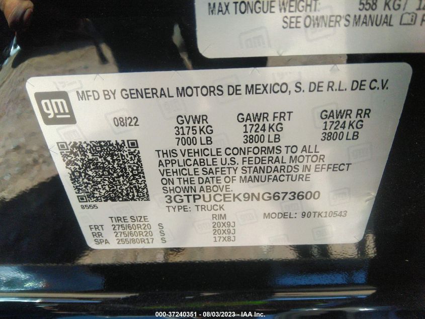 2022 GMC SIERRA 1500 ELEVATION - 3GTPUCEK9NG673600