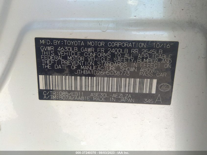 2017 LEXUS IS IS TURBO - JTHBA1D26H5038773