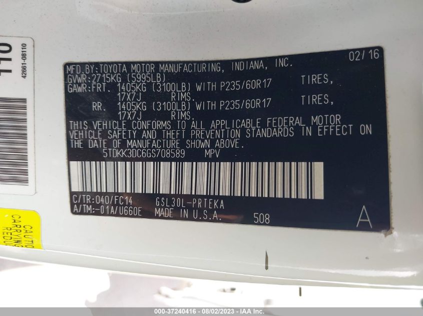 2016 TOYOTA SIENNA LE - 5TDKK3DC6GS708589