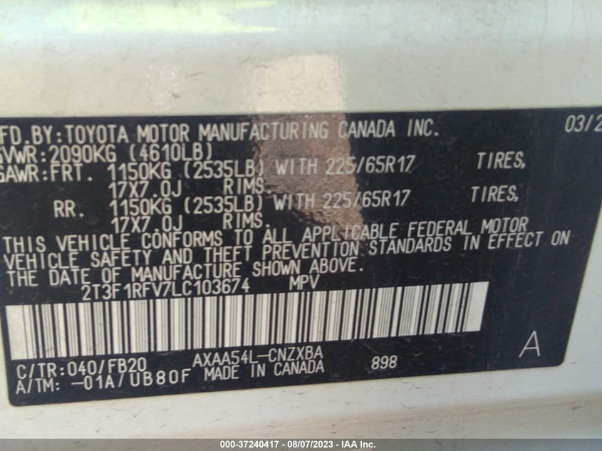 VIN 2T3F1RFV7LC103674 2020 TOYOTA RAV4 LE