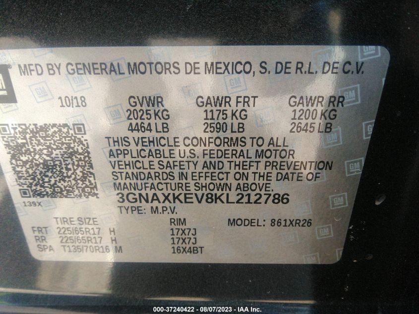 2019 CHEVROLET EQUINOX LT - 3GNAXKEV8KL212786