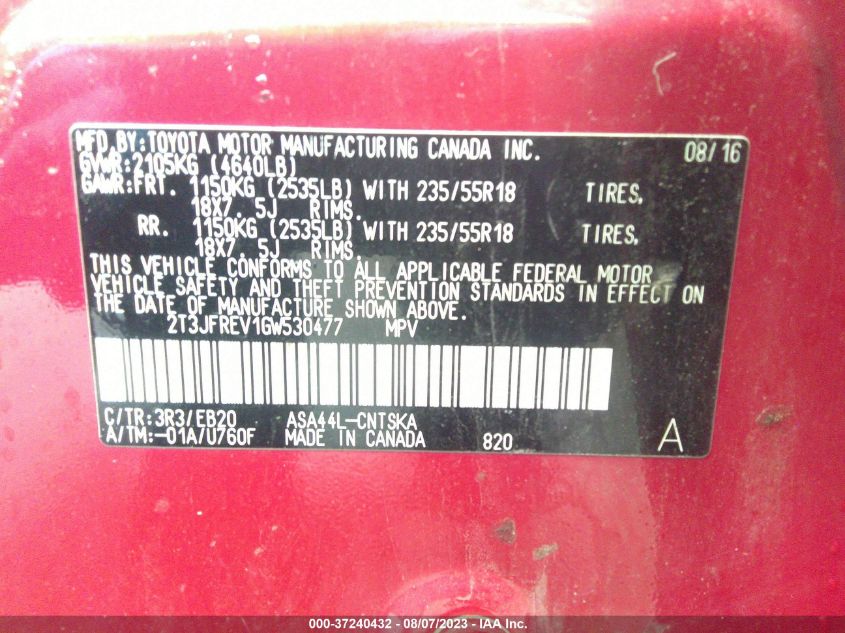 2016 TOYOTA RAV4 SE - 2T3JFREV1GW530477