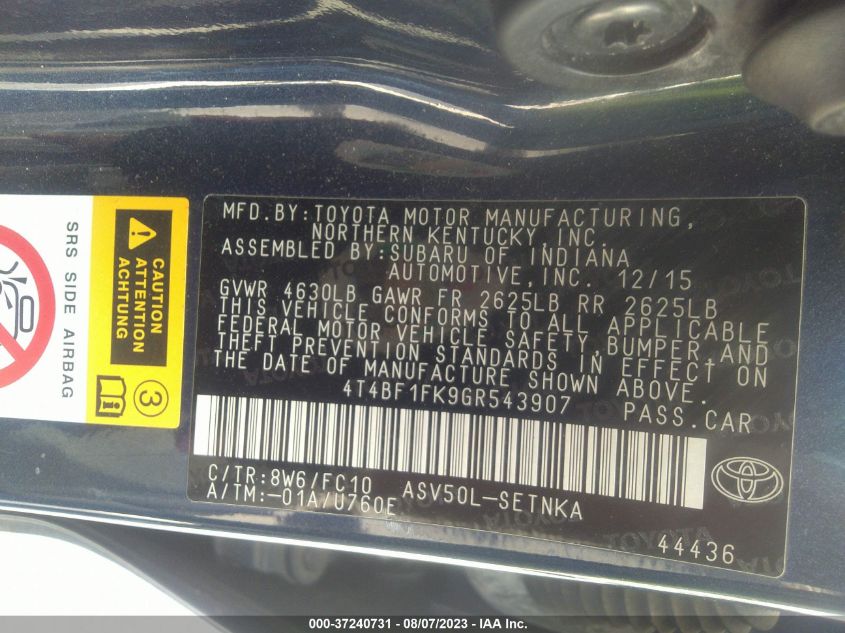 2016 TOYOTA CAMRY XLE/SE/LE/XSE - 4T4BF1FK9GR543907