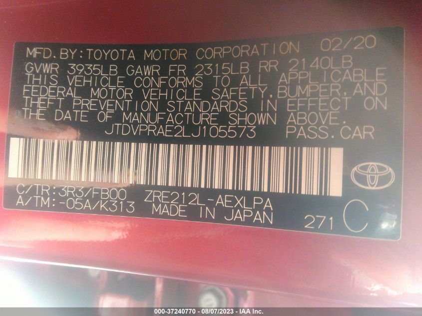 2020 TOYOTA COROLLA LE - JTDVPRAE2LJ105573