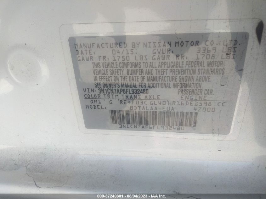 2015 NISSAN VERSA S - 3N1CN7AP6FL932480