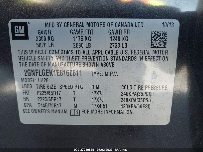 2014 CHEVROLET EQUINOX LT - 2GNFLGEK1E6160611
