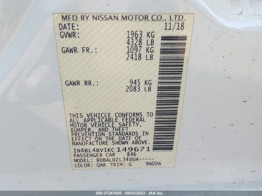 1N4BL4BV1KC149671 Nissan Altima 2.5 S 9