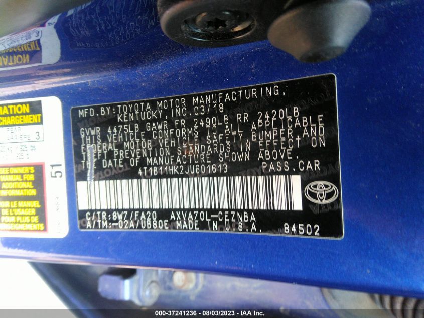 2018 TOYOTA CAMRY L/LE/XLE/SE/XSE - 4T1B11HK2JU601613