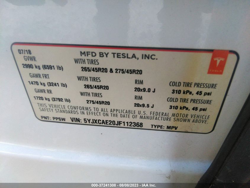 2018 TESLA MODEL X 75D/100D/P100D - 5YJXCAE20JF112368