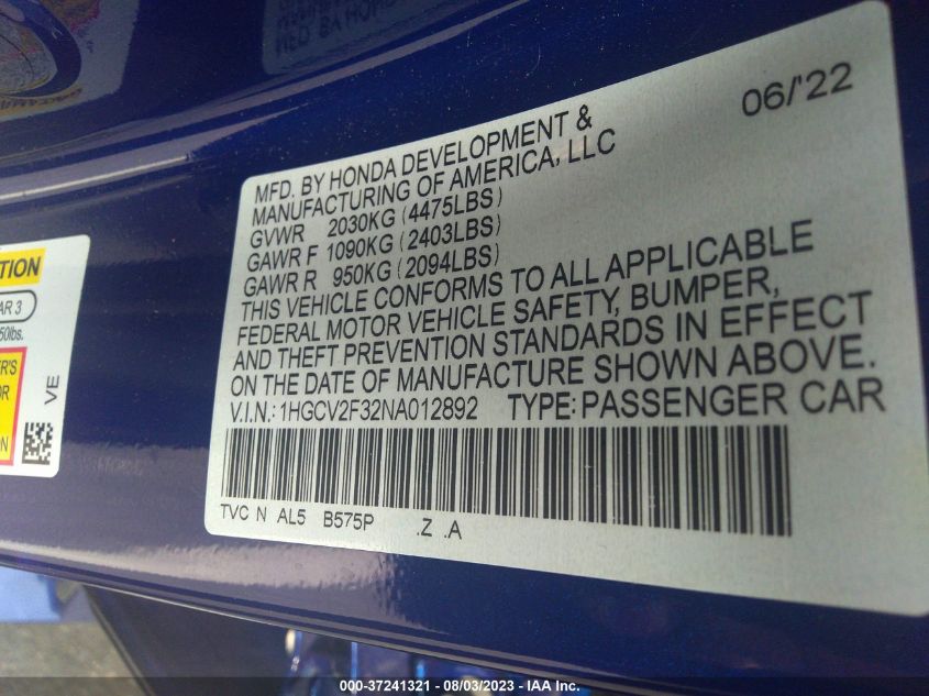 2022 HONDA ACCORD SEDAN SPORT - 1HGCV2F32NA012892