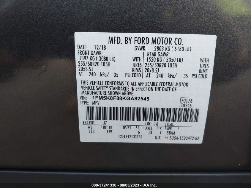 2019 FORD EXPLORER LIMITED - 1FM5K8F88KGA82545