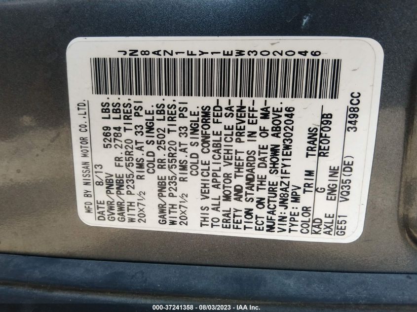 2014 NISSAN MURANO CROSSCABRIOLET JN8AZ1FY1EW302046