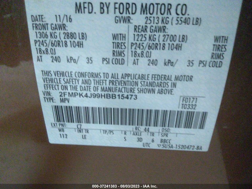 2FMPK4J99HBB15473 2017 FORD EDGE, photo no. 9