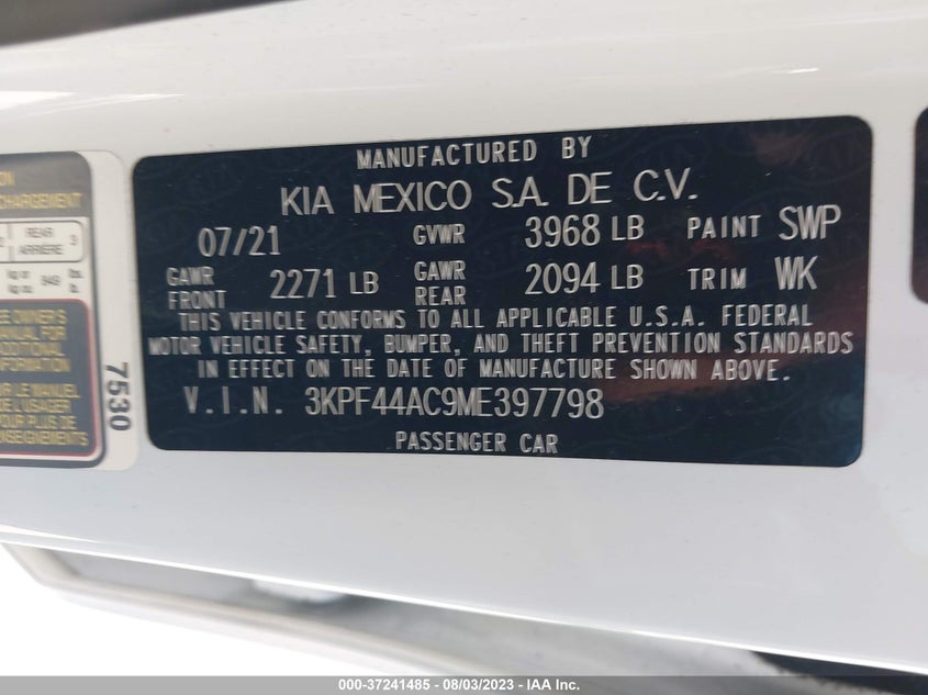 VIN 3KPF44AC9ME397798 2021 KIA FORTE GT