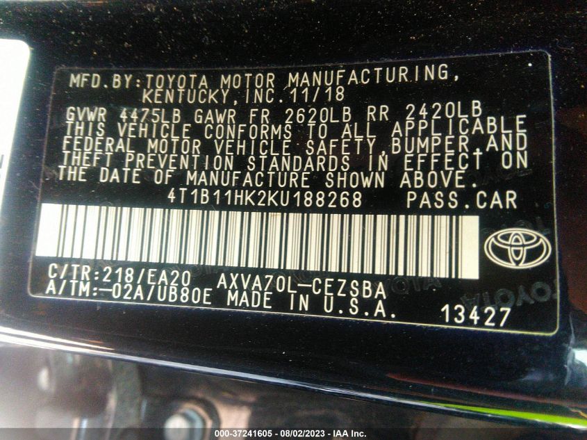 2019 TOYOTA CAMRY LE/SE/XLE/L - 4T1B11HK2KU188268