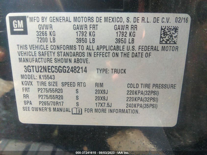 2016 GMC SIERRA 1500 SLT - 3GTU2NEC5GG248214