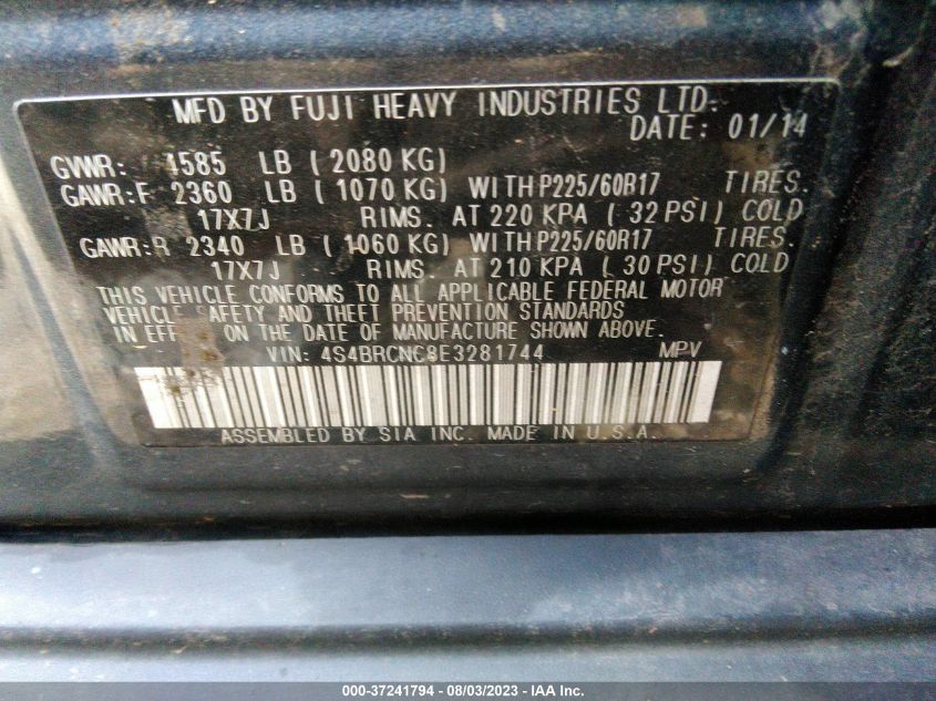 2014 SUBARU OUTBACK 2.5I LIMITED - 4S4BRCNC8E3281744