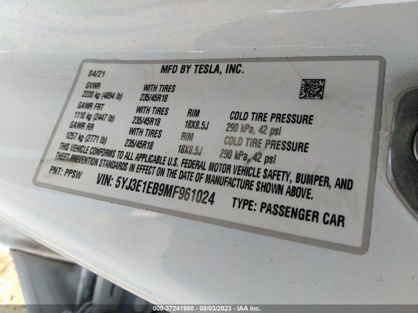 2021 TESLA MODEL 3 LONG RANGE - 5YJ3E1EB9MF961024