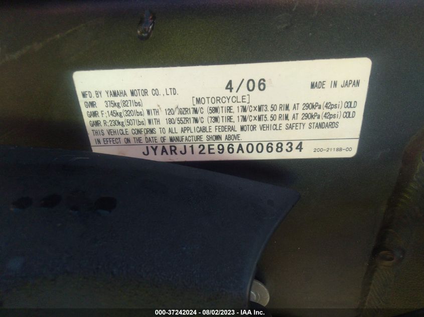 2006 YAMAHA YZFR6 L JYARJ12E96A006834