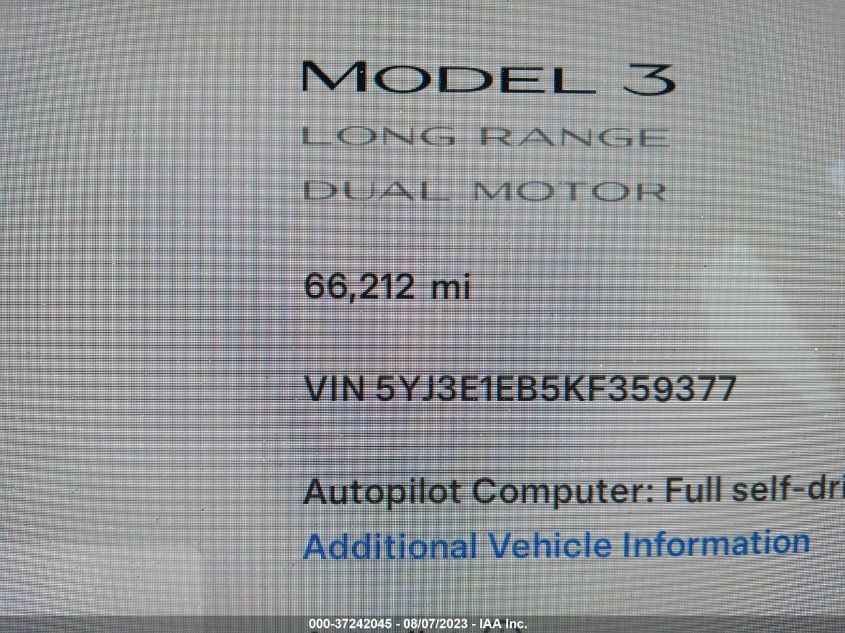 2019 TESLA MODEL 3 LONG RANGE/PERFORMANCE - 5YJ3E1EB5KF359377