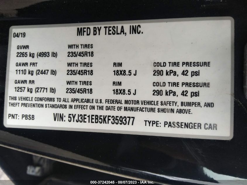 2019 TESLA MODEL 3 LONG RANGE/PERFORMANCE - 5YJ3E1EB5KF359377