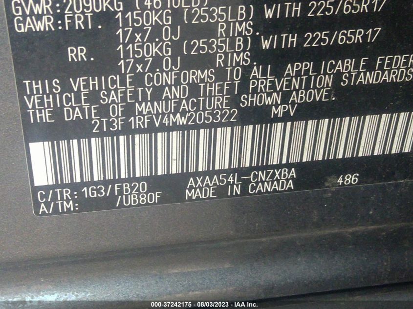 2021 TOYOTA RAV4 LE - 2T3F1RFV4MW205322