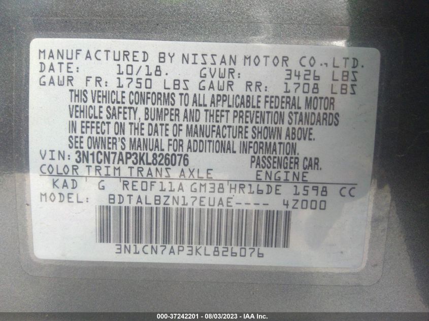 2019 NISSAN VERSA SEDAN SV - 3N1CN7AP3KL826076