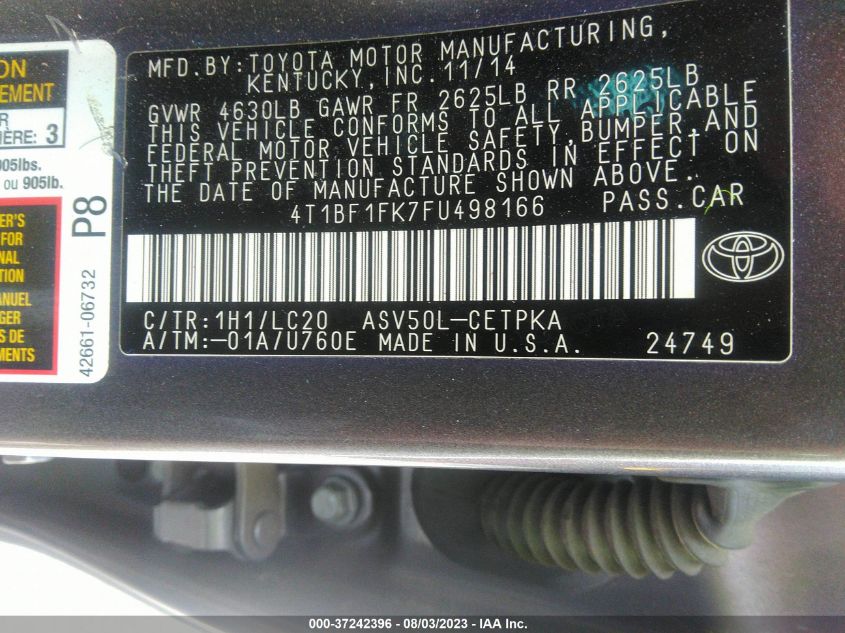 2015 TOYOTA CAMRY XLE/SE/LE/XSE - 4T1BF1FK7FU498166