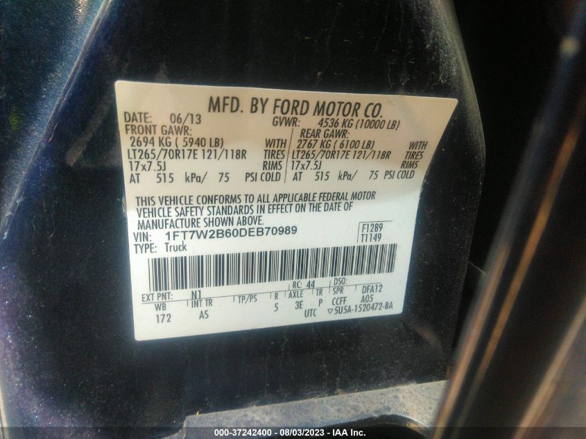 2013 FORD SUPER DUTY F-250 SRW XL/XLT/LARIAT - 1FT7W2B60DEB70989