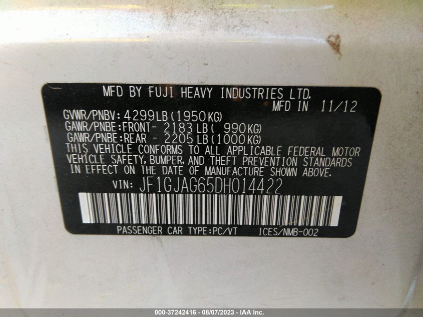 2013 SUBARU IMPREZA SEDAN LIMITED - JF1GJAG65DH014422