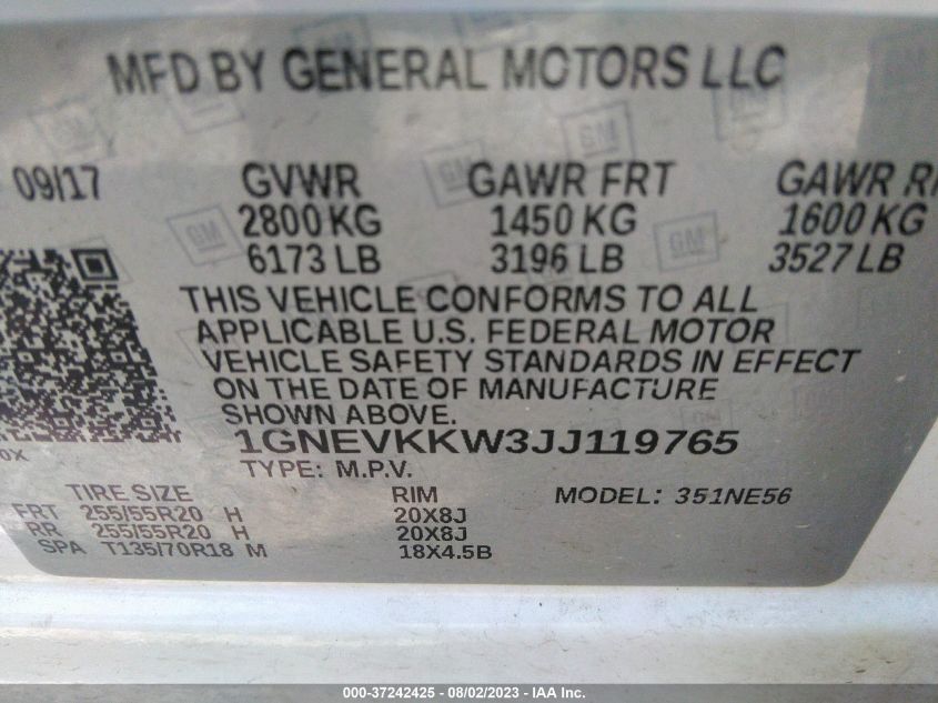 2018 CHEVROLET TRAVERSE HIGH COUNTRY - 1GNEVKKW3JJ119765