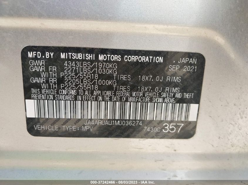 2021 MITSUBISHI OUTLANDER SPORT ES/SE/LE/BE - JA4ARUAU1MU036274